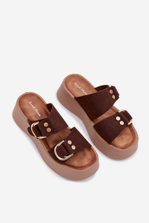 Women's Platform Sandals With Gold Buckles Chocolate Nelirae