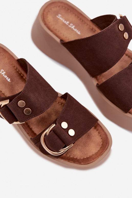 Women's Platform Sandals With Gold Buckles Chocolate Nelirae