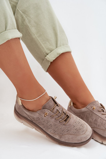 Skórzane Zamszowe Sneakersy Damskie Ażurowe Sergio Leone SP-002 Jasnobrązowe 2