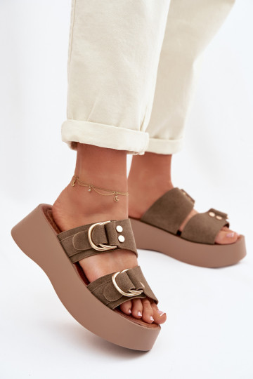 Women's Platform Sandals With Gold Buckles Olive Nelirae