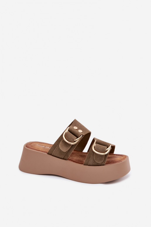 Women's Platform Sandals With Gold Buckles Olive Nelirae