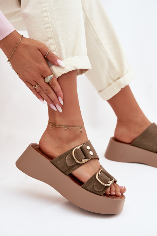 Women's Platform Sandals With Gold Buckles Olive Nelirae