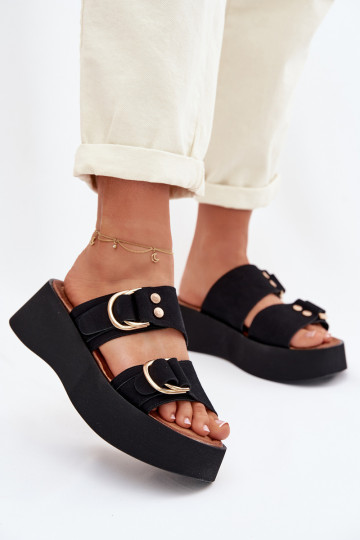 Women's Platform Sandals With Gold Buckles Black Nelirae 2