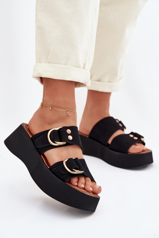 Women's Platform Sandals With Gold Buckles Black Nelirae