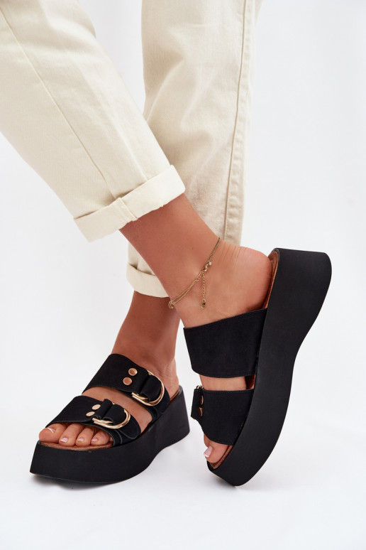 Women's Platform Sandals With Gold Buckles Black Nelirae