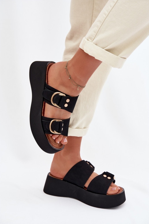 Women's Platform Sandals With Gold Buckles Black Nelirae