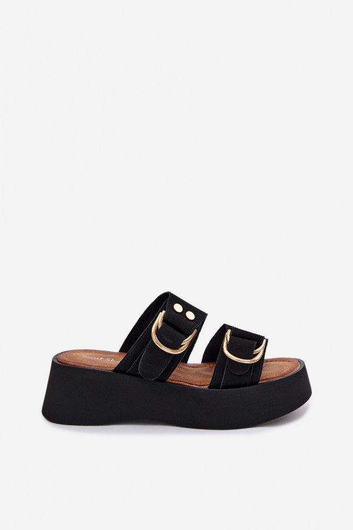 Women's Platform Sandals With Gold Buckles Black Nelirae