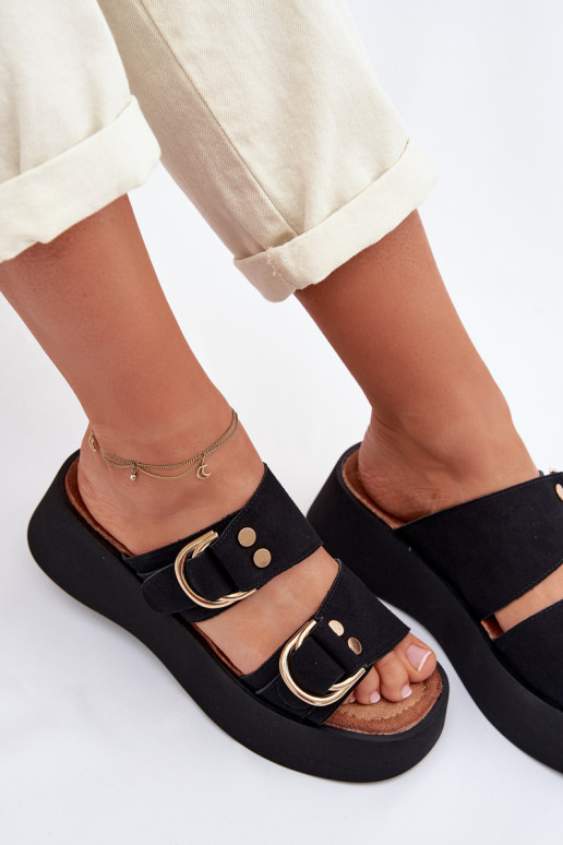 Women's Platform Sandals With Gold Buckles Black Nelirae