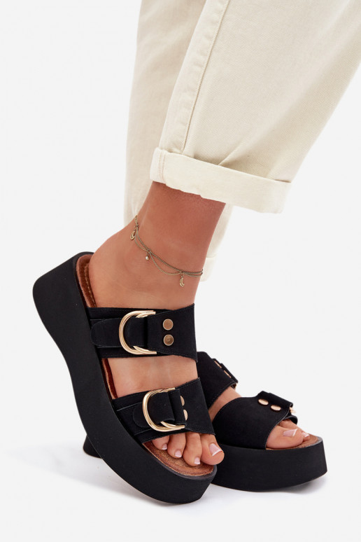 Women's Platform Sandals With Gold Buckles Black Nelirae