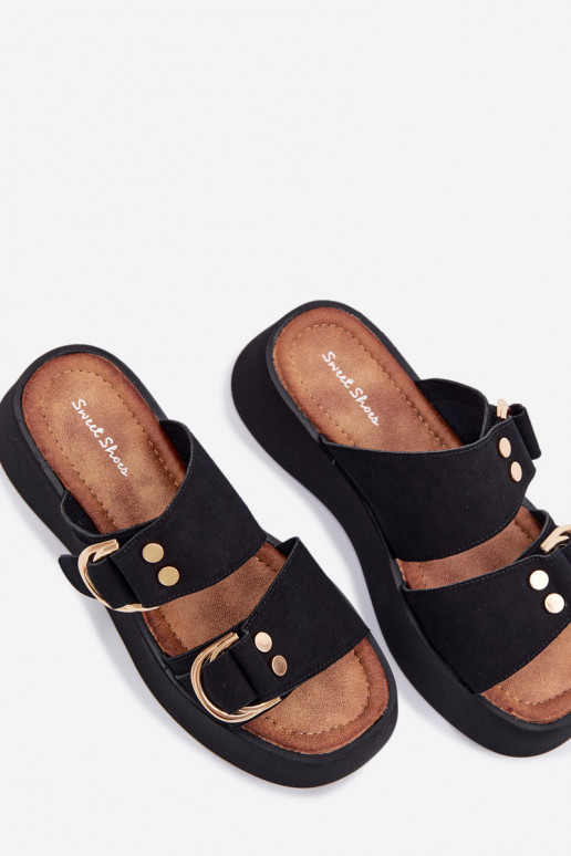 Women's Platform Sandals With Gold Buckles Black Nelirae
