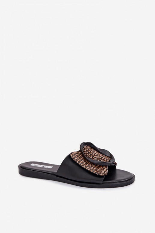 Women's Flat Black Jamira Slides With Decorative Buckle