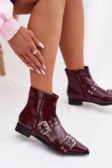 Patent Leather Women's Flat Heel Ankle Boots With Straps And Buckles Bordeaux Hamira