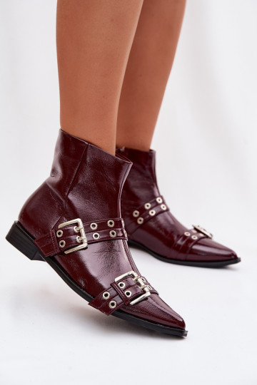 Patent Leather Women's Flat Heel Ankle Boots With Straps And Buckles Bordeaux Hamira 2