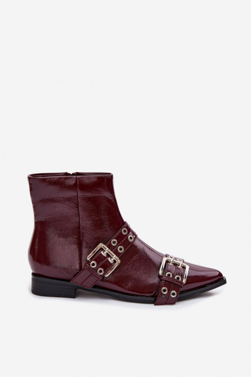 Patent Leather Women's Flat Heel Ankle Boots With Straps And Buckles Bordeaux Hamira