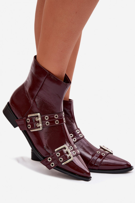 Patent Leather Women's Flat Heel Ankle Boots With Straps And Buckles Bordeaux Hamira