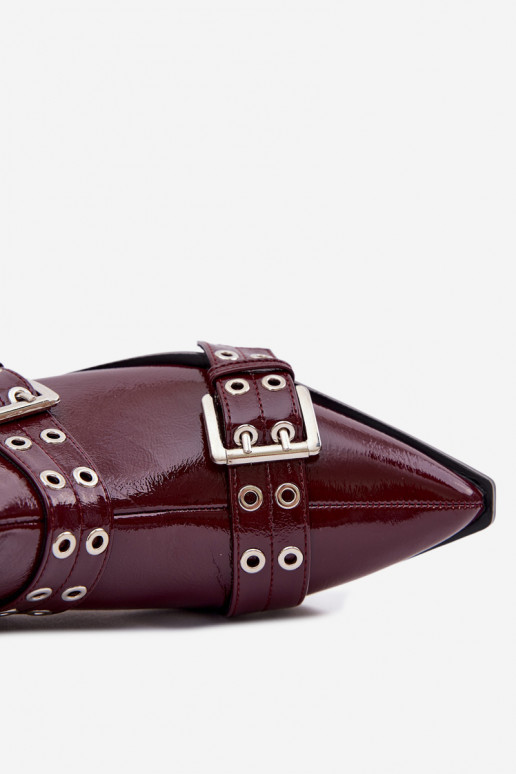 Patent Leather Women's Flat Heel Ankle Boots With Straps And Buckles Bordeaux Hamira