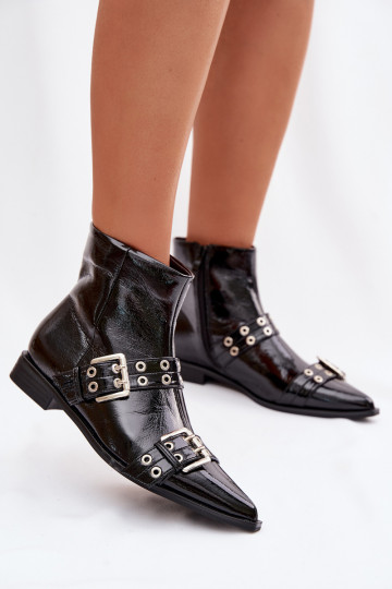 Patent Women's Flat Ankle Boots With Straps and Buckles Black Hamira 2