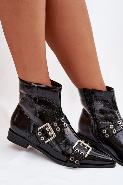Patent Women's Flat Ankle Boots With Straps and Buckles Black Hamira