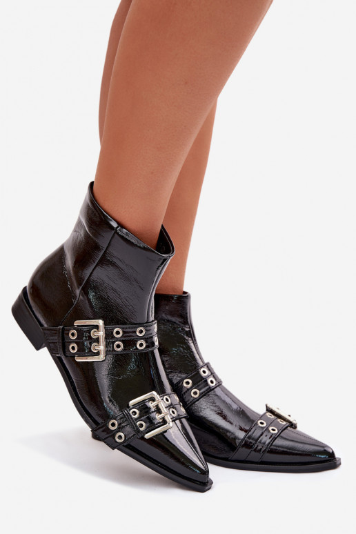 Patent Women's Flat Ankle Boots With Straps and Buckles Black Hamira