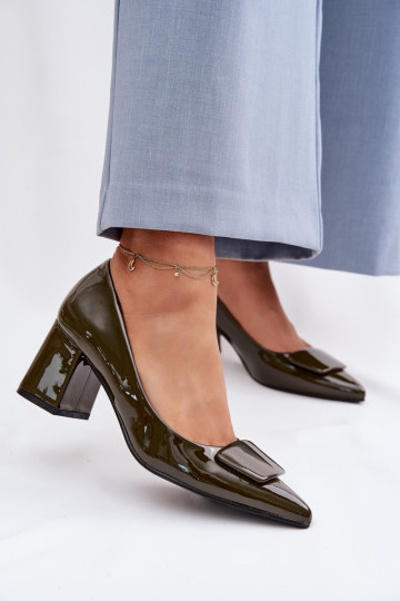 Patent Leather Block Heel Shoes With Embellishment Dark Green Isoline