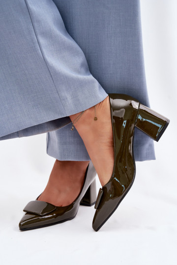 Patent Leather Block Heel Shoes With Embellishment Dark Green Isoline 2