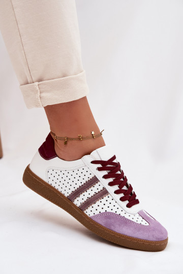 Skórzane Ażurowe Sneakersy Damskie Zazoo N1318 Biało-Fioletowe