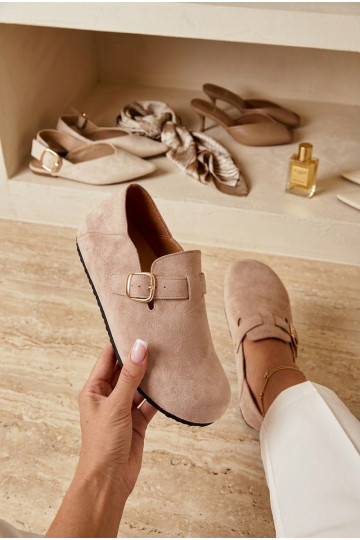 Women's Eco Suede Loafers With Gold Buckle Beige Ismora 2