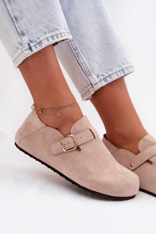 Women's Eco Suede Loafers With Gold Buckle Beige Ismora