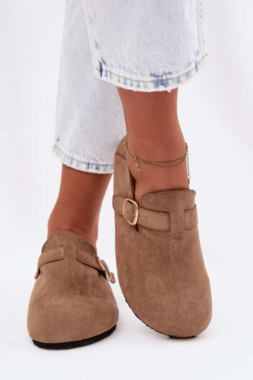 Women's Eco Suede Brogues With Gold Buckle Dark Beige Ismora