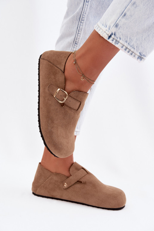 Półbuty Damskie Eko Zamszowe Ze Złotą Klamrą Ciemnobeżowe Ismora