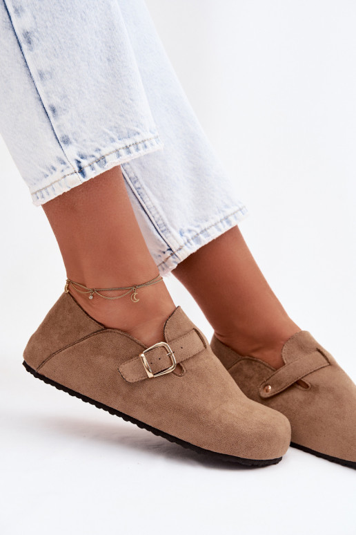 Women's Eco Suede Brogues With Gold Buckle Dark Beige Ismora