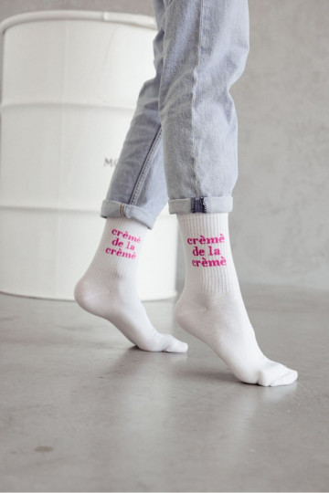 Women's White Socks With Pink Writing Cr m De La Cr m 