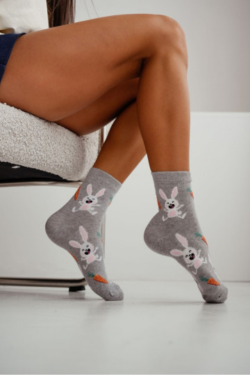 Women's Gray Socks With Rabbits and Carrots