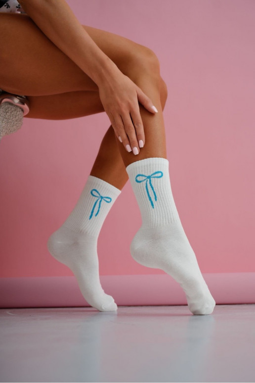 Women's White Striped Socks With Blue Bow