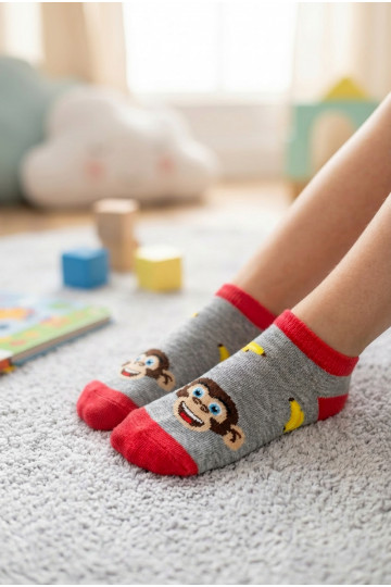 Children's Gray Ankle Socks With Monkeys And Bananas