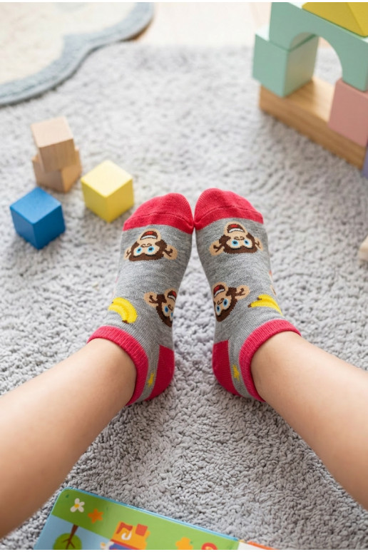 Children's Gray Ankle Socks With Monkeys And Bananas