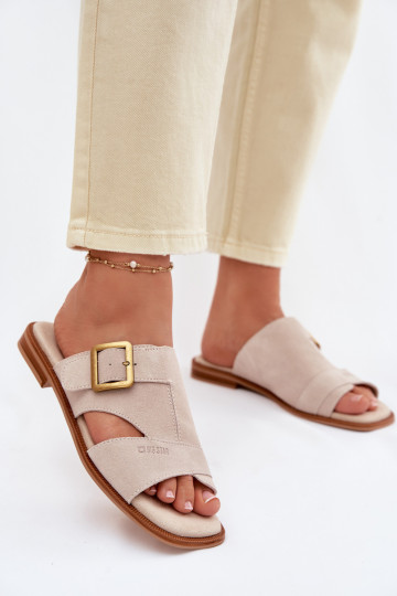 Suede Women's Flat Sandals With Buckle Big Star TT274476 Beige 2