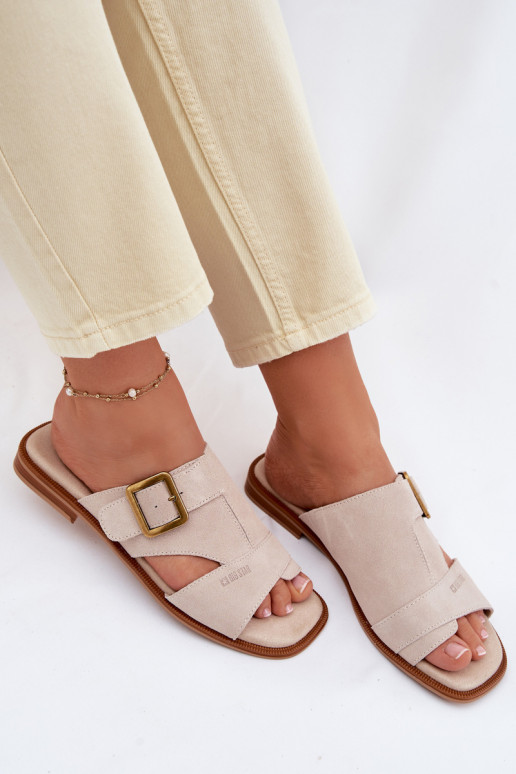 Suede Women's Flat Sandals With Buckle Big Star TT274476 Beige