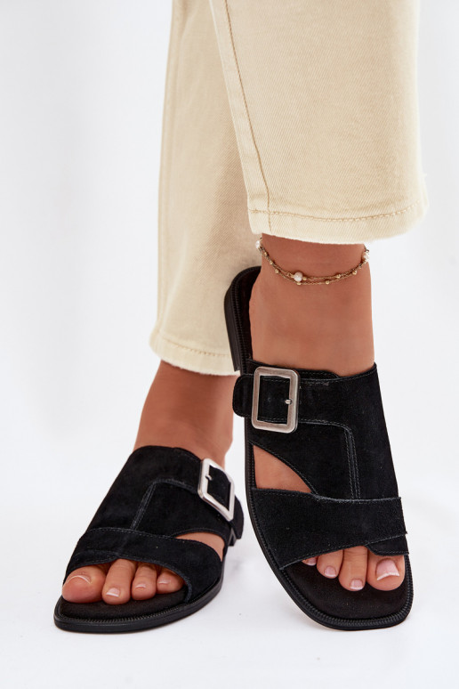 Zamszowe Klapki Damskie Na Płaskim ObcasiewithKlamrą Big Star TT274477 Czarne