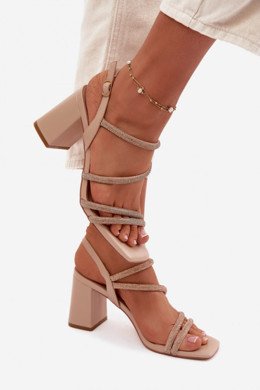Women's Block Heel Sandals With Straps and Rhinestones Beige Brelia