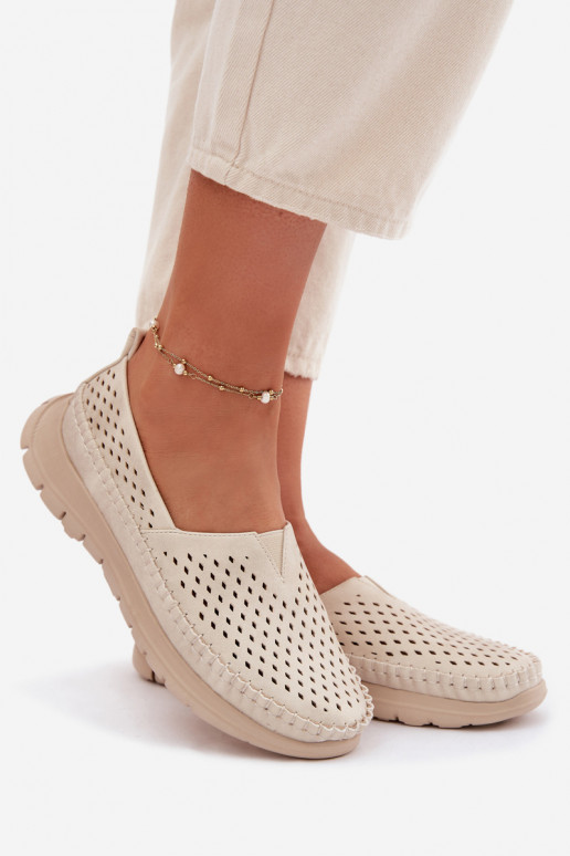 Ażurowe Lekkie Mokasyny Damskie Sergio Leone MK099H Beżowo-Złote