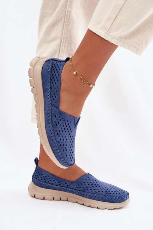 Ażurowe Lekkie Mokasyny Damskie Sergio Leone MK099H Niebieskie