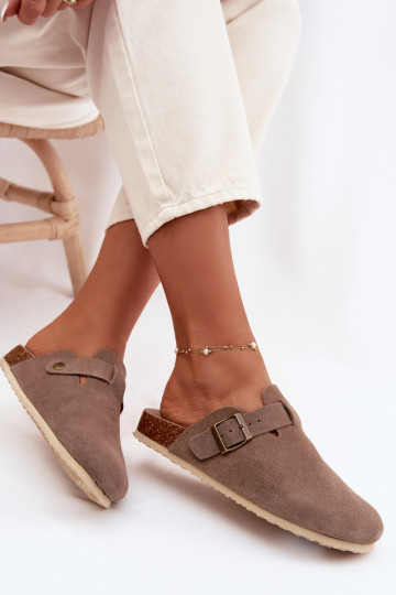 Women's Chodaki Slippers From Natural Suede Vinceza 101332 Dark Beige