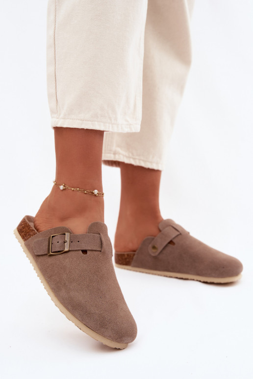 Women's Chodaki Slippers From Natural Suede Vinceza 101332 Dark Beige