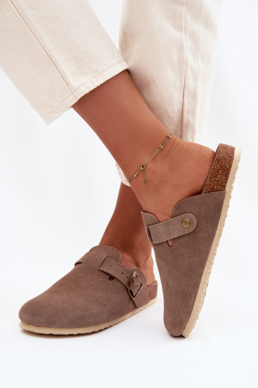 Women's Chodaki Slippers From Natural Suede Vinceza 101332 Dark Beige