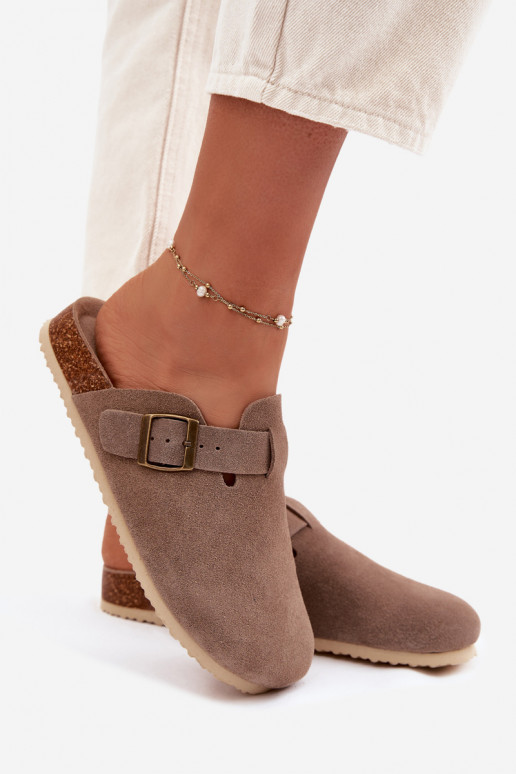 Women's Chodaki Slippers From Natural Suede Vinceza 101332 Dark Beige