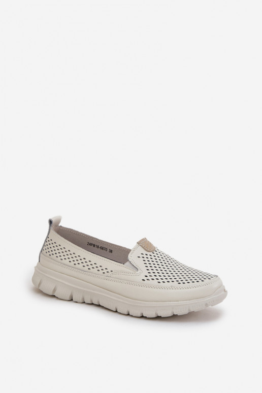 Lightweight Leather Perforated Women's Moccasins On Platform White Tanelora