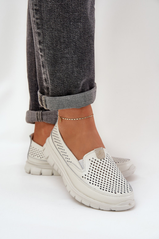 Lekkie Skórzane Ażurowe Mokasyny Damskie Na Platformie Białe Tanelora
