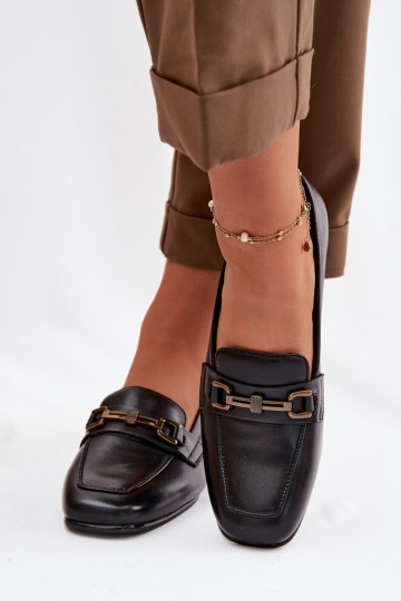 Skórzane Półbuty Damskie Na KlockuwithOzdobą Vinceza 39978 Czarne