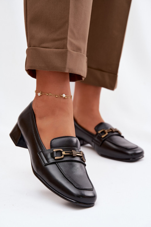 Skórzane Półbuty Damskie Na KlockuwithOzdobą Vinceza 39978 Czarne